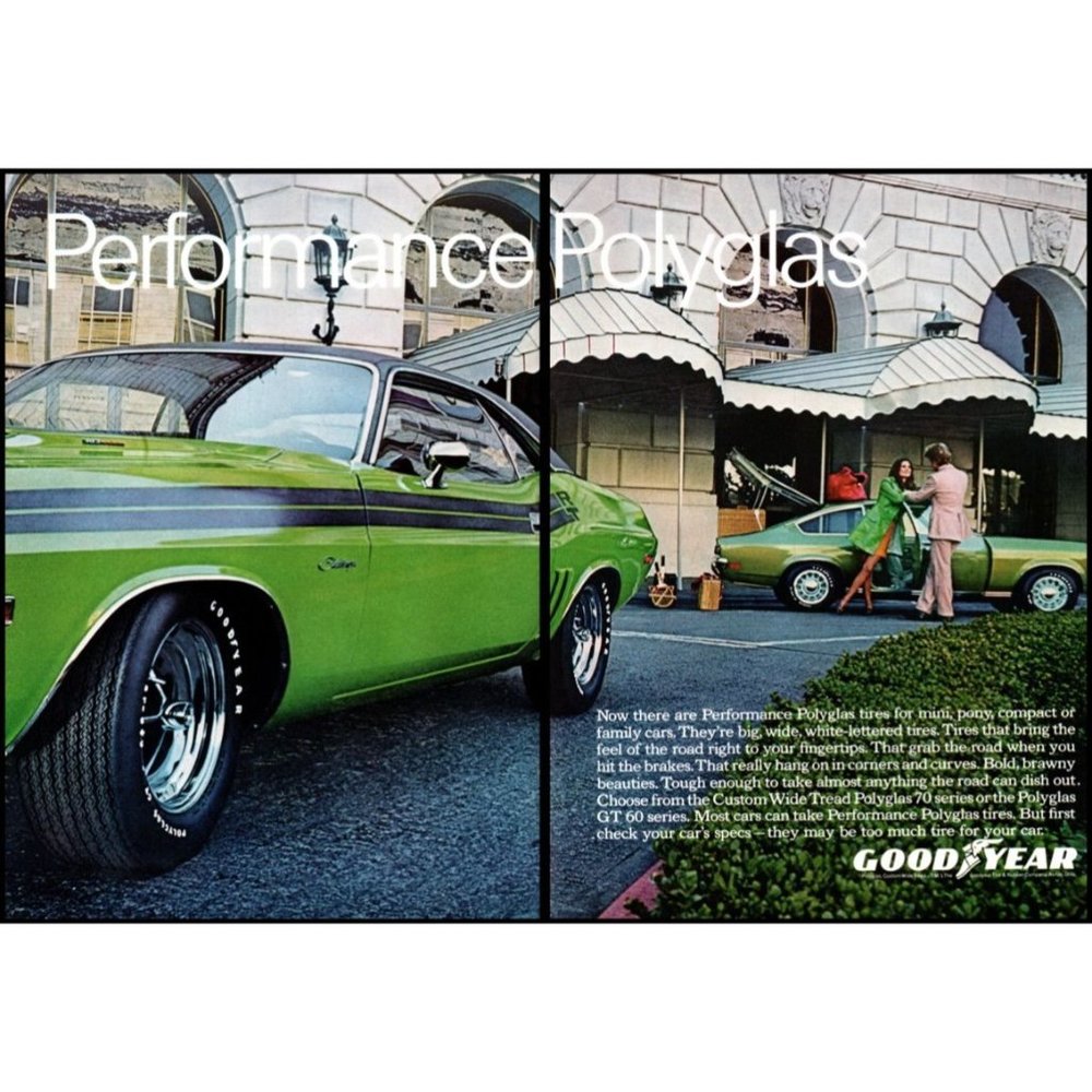 1971 Goodyear Polyglas Tires Dodge Challenger R/T 2 Page Vintage Print Ad Art